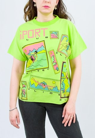 VINTAGE 80'S PRINTED T-SHIRT IN NEON GREEN RARE