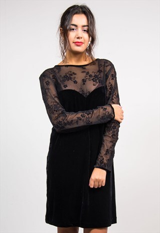 VINTAGE 90'S BLACK FLORAL MESH VELVET DRESS