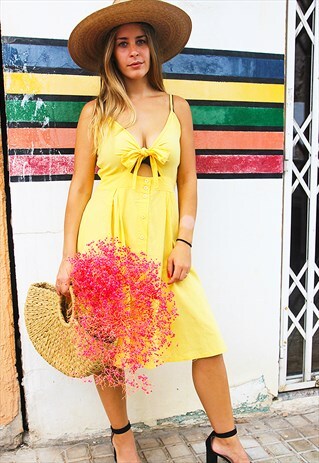 NEW YELLOW COTTON SLEEVELESS TIE FRONT SUMMER MIDI DRESS