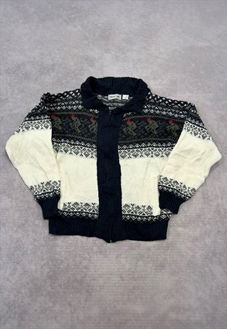 VINTAGE KNITTED CARDIGAN ABSTRACT SKIING PATTERNED SWEATER