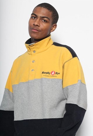 VINTAGE MURPHY & NYE 1/4 BUTTON UP FLEECE YELLOW GREY BLUE