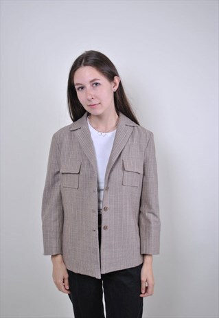 BROWN STRIPED MILITARY BLAZER, SIZE M