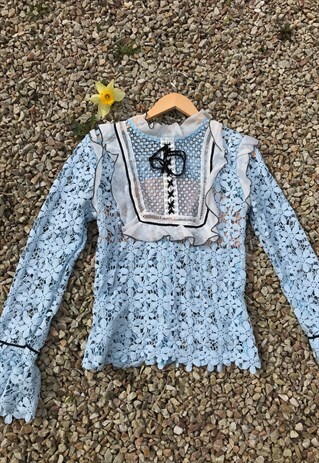 VINTAGE BLUE LACE RIBBON CROCHET BELL SLEEVE BLOUSE