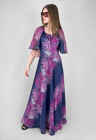 70's Vintage Fluted Sleeve Blue Purple Tropical Maxi Dress