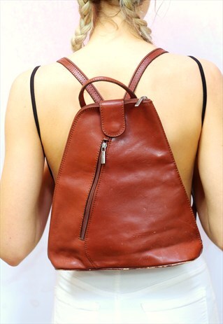 1990S VINTAGE BROWN REAL LEATHER BACKPACK