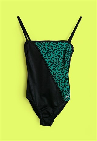VINTAGE 80'S RETRO SWIMSUIT BLACK / GREEN ANIMAL-PRINT