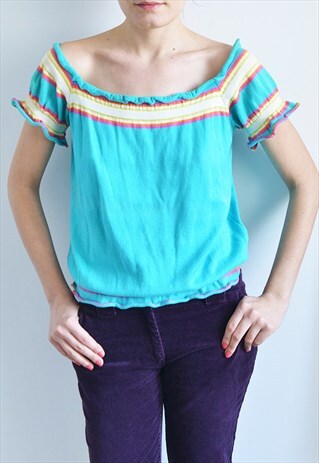 BOHO STYLE BLUE OFF-SHOULDER KNIT TOP