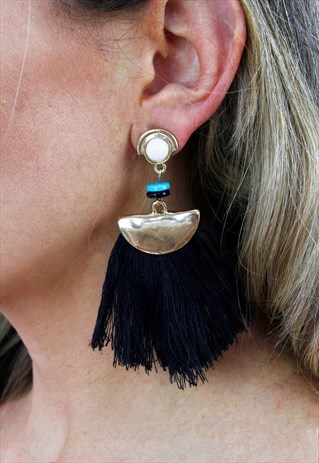 BLACK GOLD METAL TASSEL FRINGE DROP CHANDELIER EARRINGS