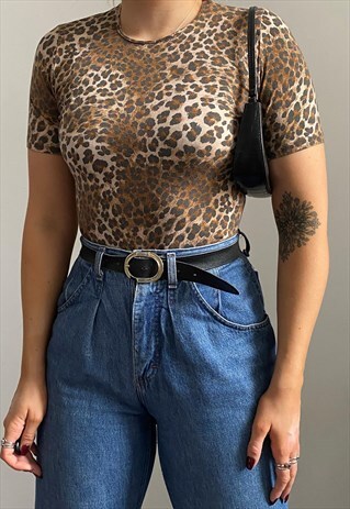 VINTAGE 90S Y2K LEOPARD PRINT T SHIRT TOP