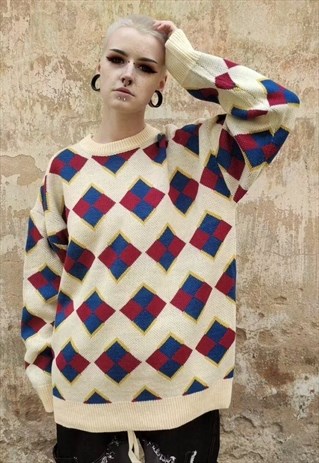 Diamond pattern sweater geometric top knit jumper in cream
