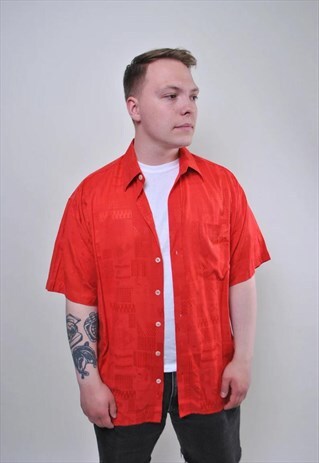 VINTAGE RED FESTIVAL SHIRT, 80S SUMMER ACID BUTTON DOWN