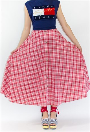 VINTAGE 90'S RED GINGHAM BUTTON UP MAXI SKIRT