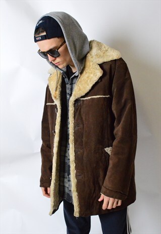 VINTAGE 90S BROWN LEATHER FAUX FUR JACKET