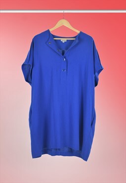 90s Vintage Tailoring Blue Dress Statement Buttons Pockets