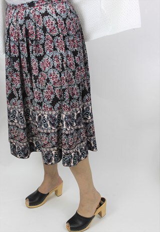 VINTAGE 1970S BLACK & PURPLE PAISLEY MIDI SKIRT