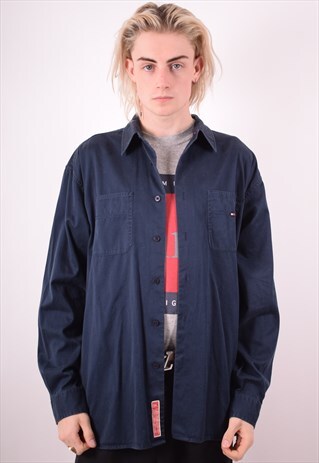TOMMY HILFIGER MENS VINTAGE SHIRT LARGE NAVY BLUE 90S