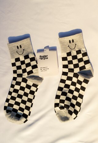 Grey Checkerboard Smiley Face Socks