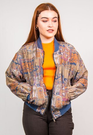 VINTAGE 90'S GREEN ABSTRACT PATTERN BOMBER JACKET
