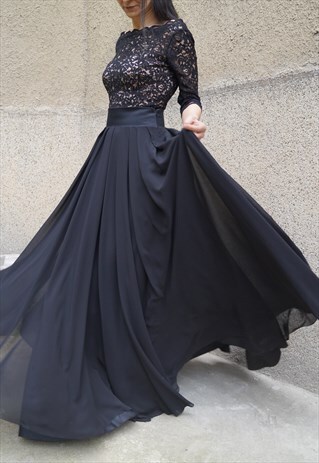 BLACK SKIRT/CHIFFON/MAXI/CASUAL/FULL LENGTH SKIRT/F1579