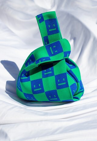 Green Blue Checkerboard Face Mini Knit Shopper Tote Knot Bag
