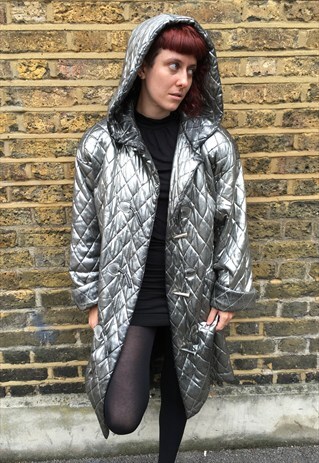 1990'S SILVER QUILTED DUFFLE COAT