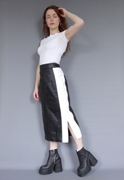 Vintage 90s deadstock black white leather midi skirt 