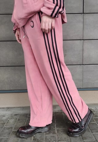 SOFT FLEECE TRACK JOGGERS PASTEL STRIPE WIDE OVERALLS PINK