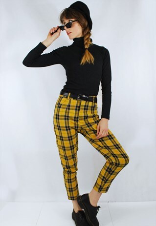 LINED CHECKED HIGH WAISTED MOM TAPERED CIGARETTE PANTS