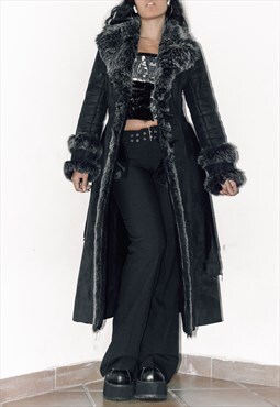 Vintage Y2k Belted Black Long Fluffy Faux Fur Afghan Coat