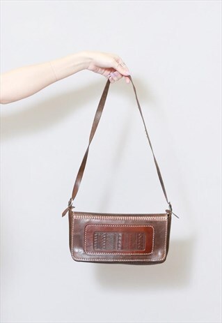 VINTAGE 1970'S EMBROIDERED DARK BROWN TOOLED LEATHER BAG