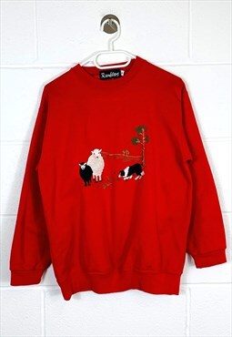 Vintage 90s Sweatshirt Red with Embroidered Dog and Sheep