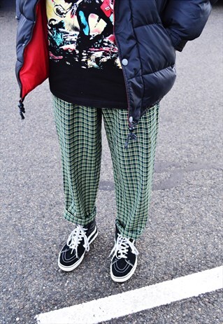VINTAGE 80S UNISEX GREEN CHECK FLEECE WOOL PANTS