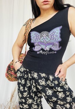 Vintage 90s black fairy print minimalist lycra tank top