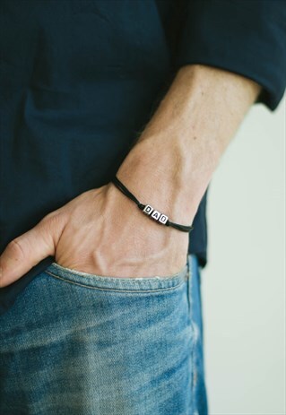 DAD BRACELET FOR MEN SILVER LETTERS BEADS BLACK CORD, FATHER