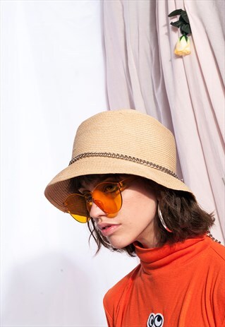 VINTAGE BUCKET HAT 70S BEIGE STRAW HAT