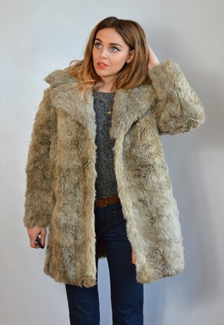 VINTAGE 70S GREY BROWN OVERSIZED FAUX FUR COAT