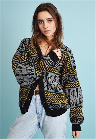 80'S RETRO ABSTRACT PATTERN KNITTED OVERSIZED DADS CARDIGAN