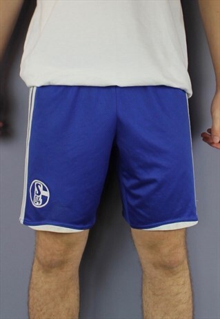 VINTAGE ADIDAS SCHALKE 04 SHORTS IN BLUE WITH EMBROIDERED LO
