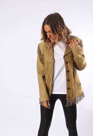 TASSEL FRINGE JACKET SOFT LEATHER BOHEMIAN UK 12 (GEDX)