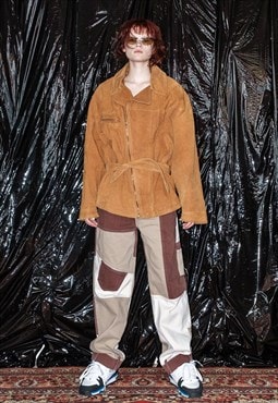90's Vintage oversized suede leather jacket in camel brown