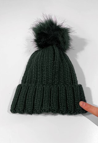 FAUX FUR BOBBLE KNITTED RIBBED BEANIE HAT - OLIVE GREEN