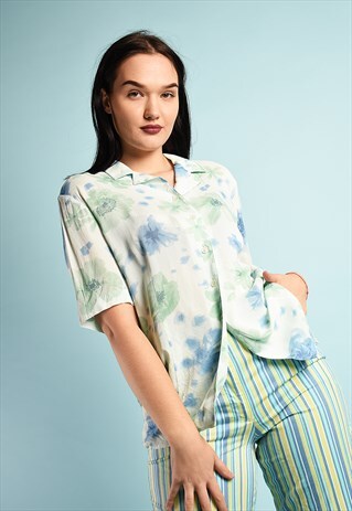 90'S RETRO FLORAL PRINT OVERSIZED FESTIVAL SHIRT BLOUSE