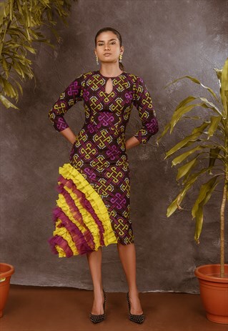 LAMILISA PENCIL DRESS WITH SIDE RUFFLES