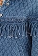 VINTAGE Y2K DENIM JACKET TASSEL FRINGE QUILTED S / M (C6C)