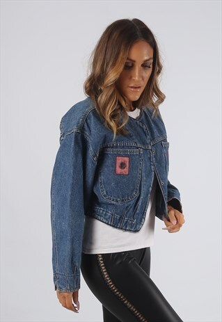 VINTAGE CROPPED DENIM JACKET OVERSIZED SHORT UK 12 (CRBL)