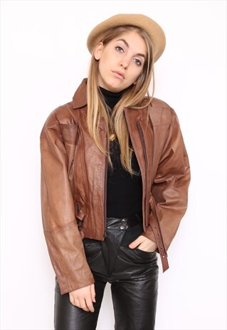 VINTAGE 80S BROWN LEATHER BIKER JACKET