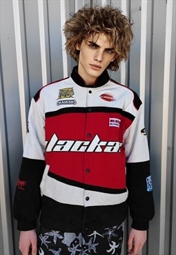 Motorcycle jacket multi patch padded Racer bomber in red