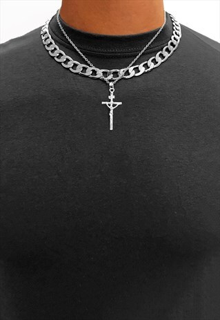 CRUCIFIX CROSS 12MM CURB LAYER NECKLACE CHAIN - SILVER