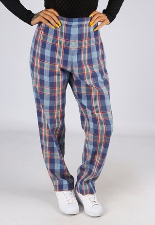 HIGH WAISTED TROUSERS TARTAN PRINT WIDE TAPERED UK 14 (25O)