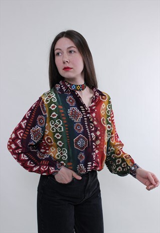 Vintage boho blouse, multicolor abstract button up blouse